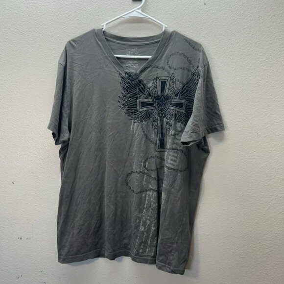 Chemistry Shirt Mens SZ L Brown Y2K Cyber Punk Goth Grunge Angel Wings Cross - Picture 2 of 4